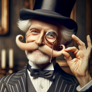 Image of a man in a top hat with a bushy mustache and wearing a monocle.